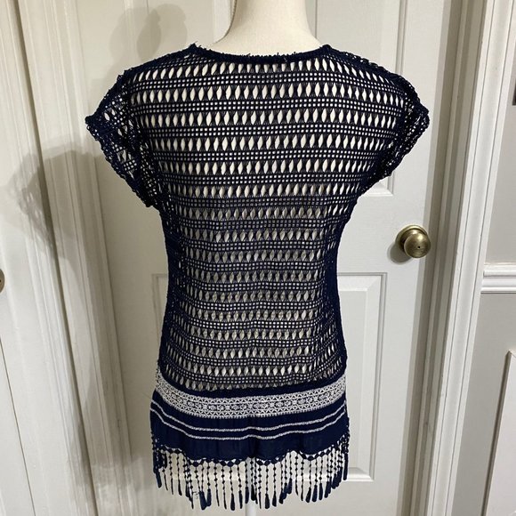 Small Navy Blue Maurices Top - Crocheted Net Look with Fringe - Picture 4 of 8